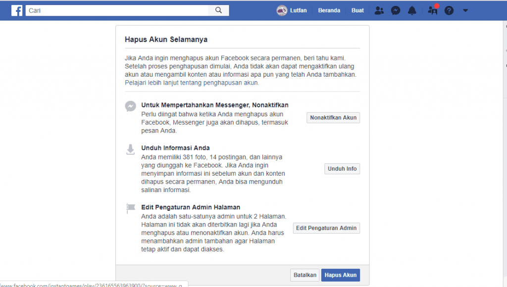 hapus akun facebook saya