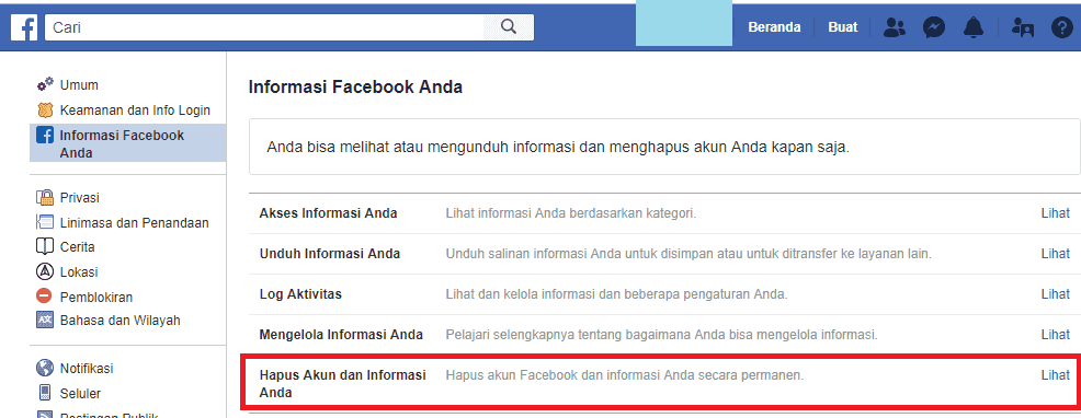 hapus akun fb