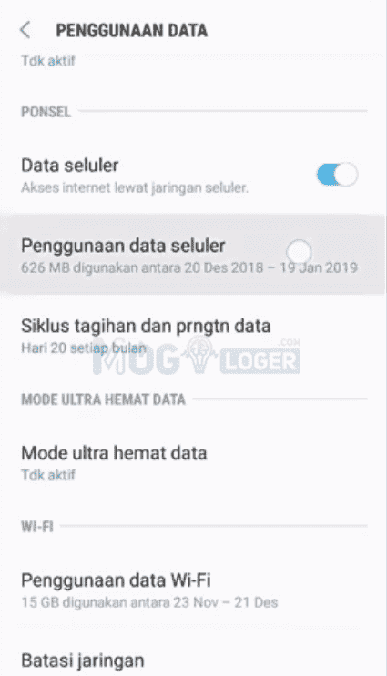 penggunaan data seluler atau wifi samsung