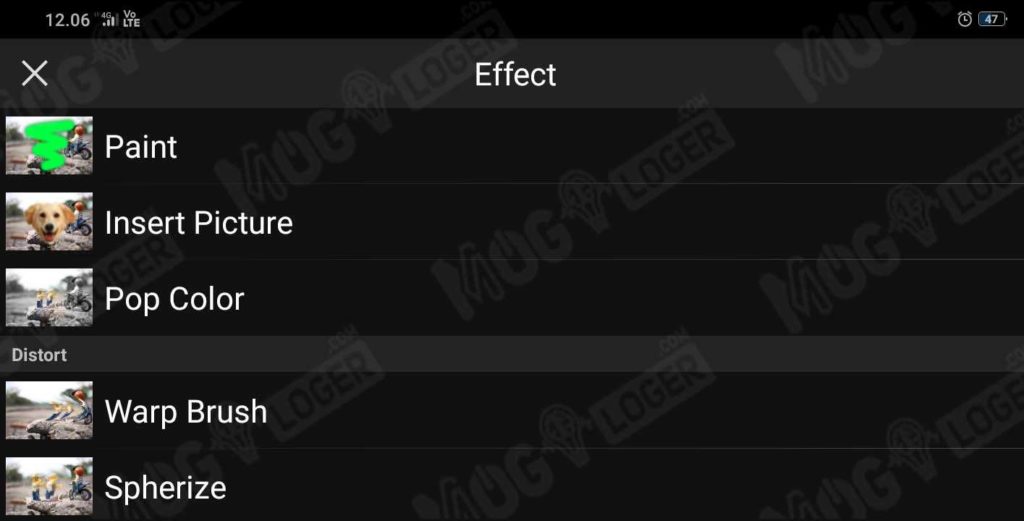 tampilan menu effect