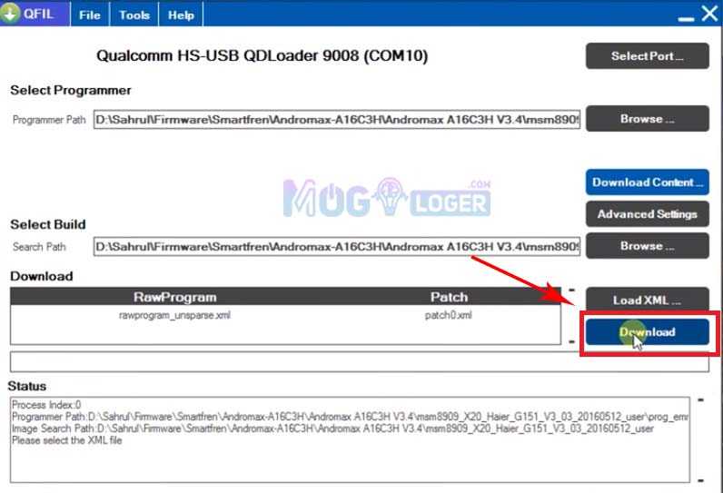 tombol download untuk memulai proses flash andromax a16c3h