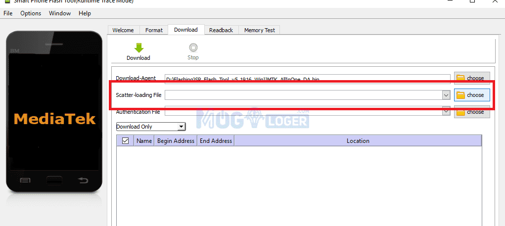 tekan tombol scatter loading untuk memuat file firmware