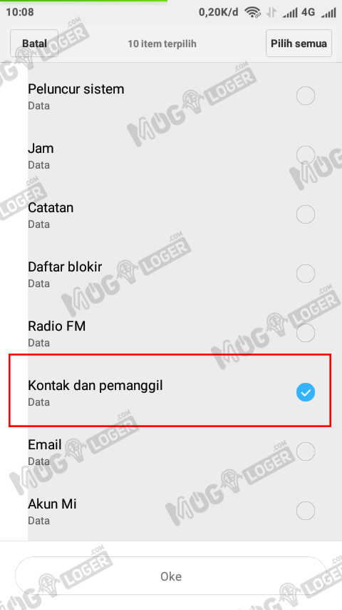 pilih kontak dan pemanggil untuk di backup