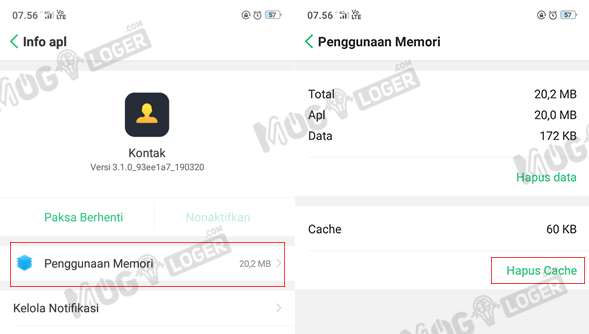 hapus data dan cache kontak