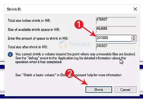 Enter the Amount of Space to Shrink in MB