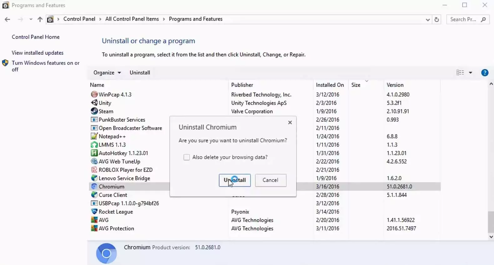 Hapus Chromium dari Control Panel